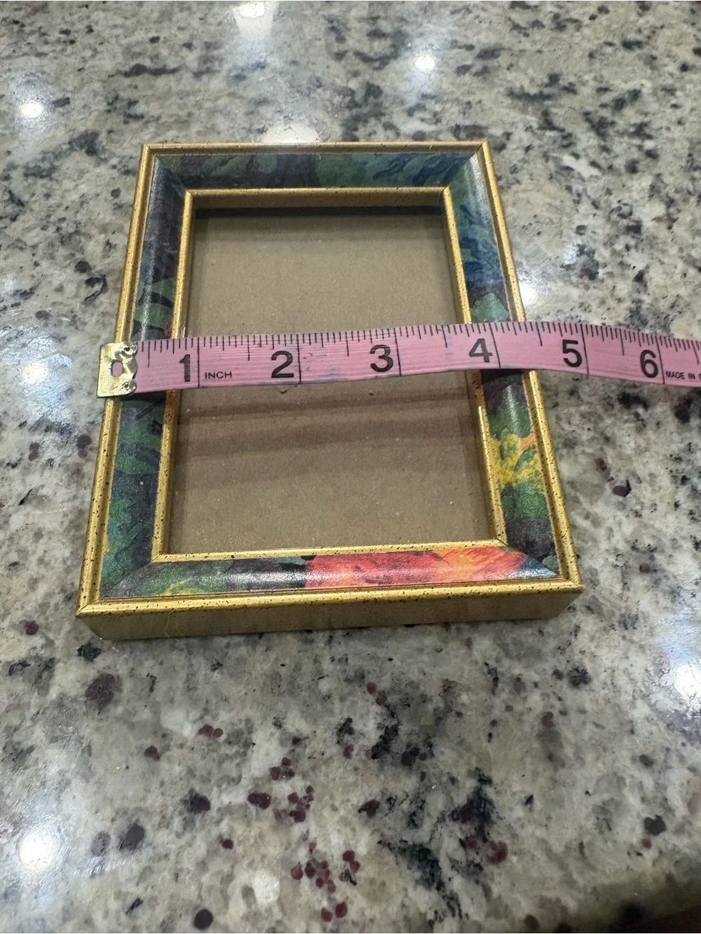 Gold picture frame with fun print trim GUC 5 x 7
